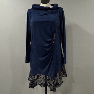 Rosegal Womens Blue Heather Dress Asymmetrical Lace Trim Hem Long Sleeve 4X 22